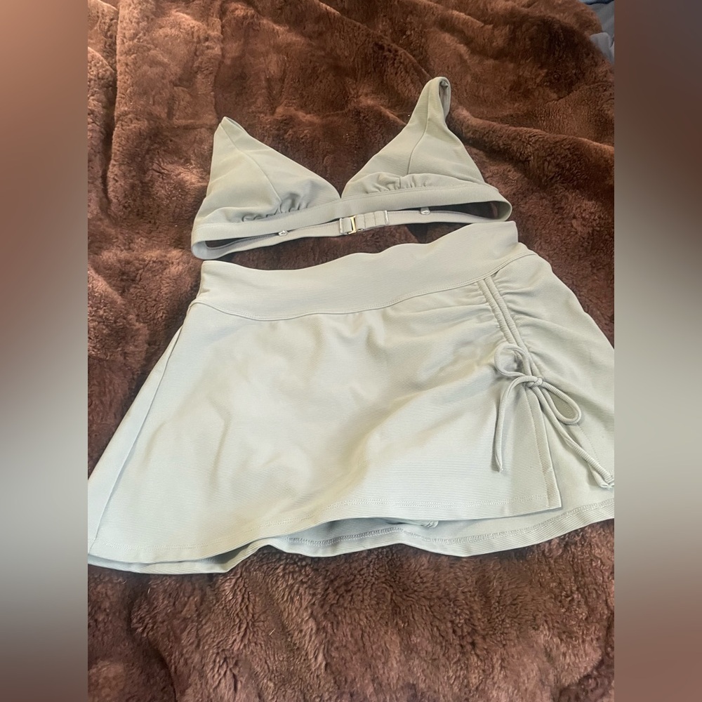 NWOT Light Sage Two-Piece Bathing Suit with Ruched Skort and Gold Fastener
